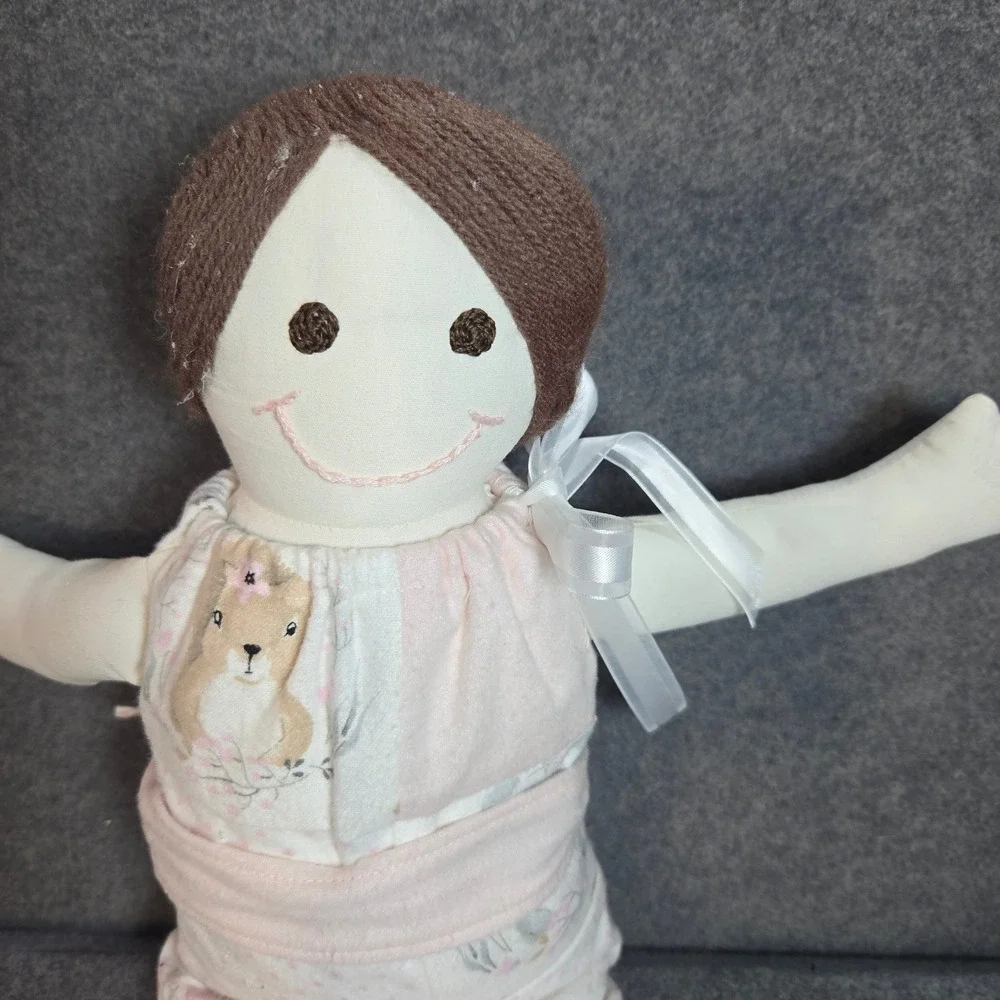 Handmade Cloth Rag Doll Brown Yarn Braid‎ Pink Woodland Deer Outfit 18 In Unique